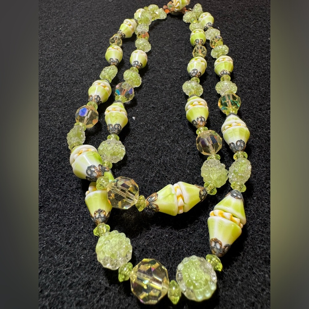 Vendome Green/Yellow Art Beads/ Cone Glass  Beads, 1960s Vintage Jewelry